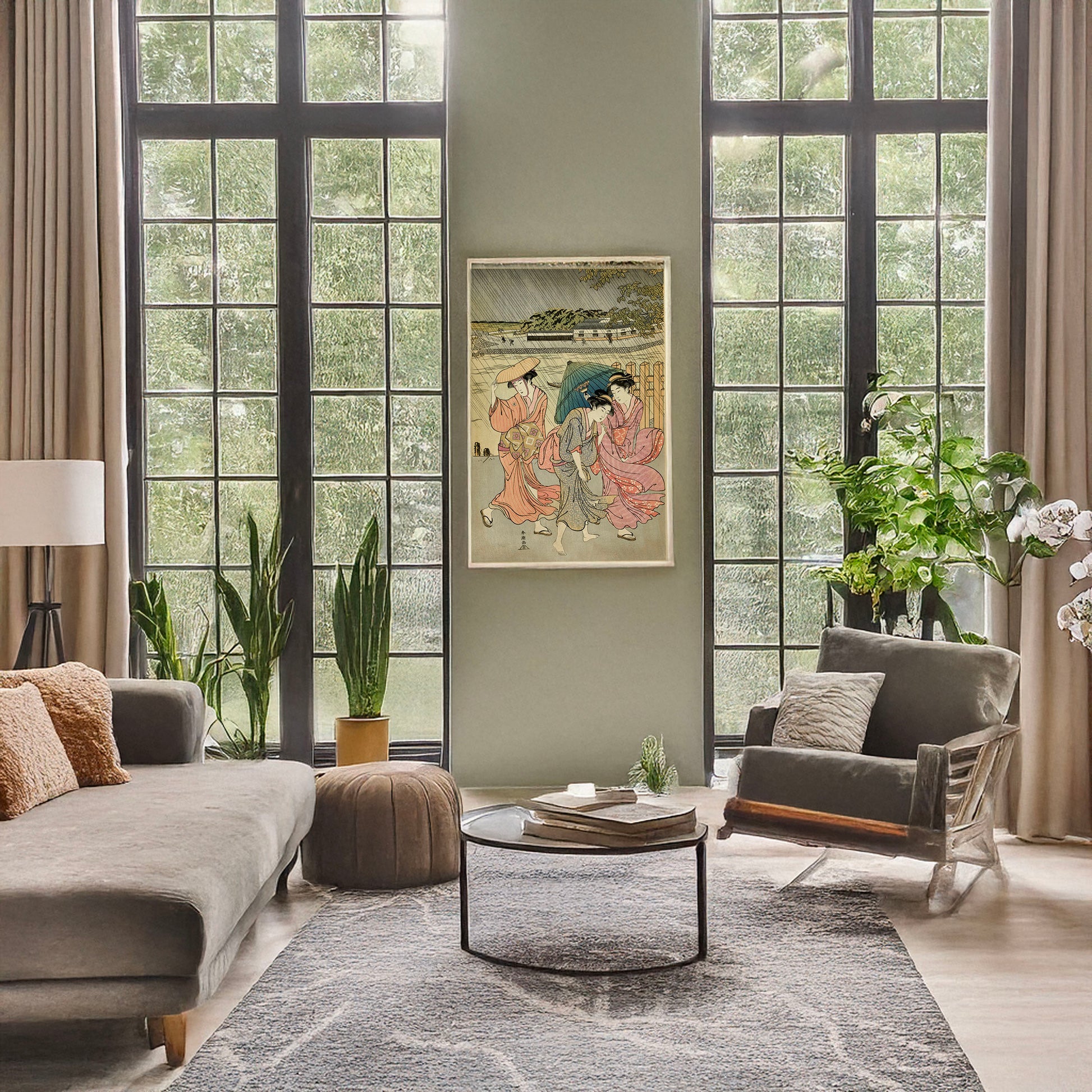 A picture of Uchū sanbijin, a mockup of the print leaning against a wall