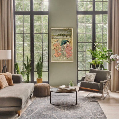 A picture of Uchū sanbijin, a mockup of the print leaning against a wall