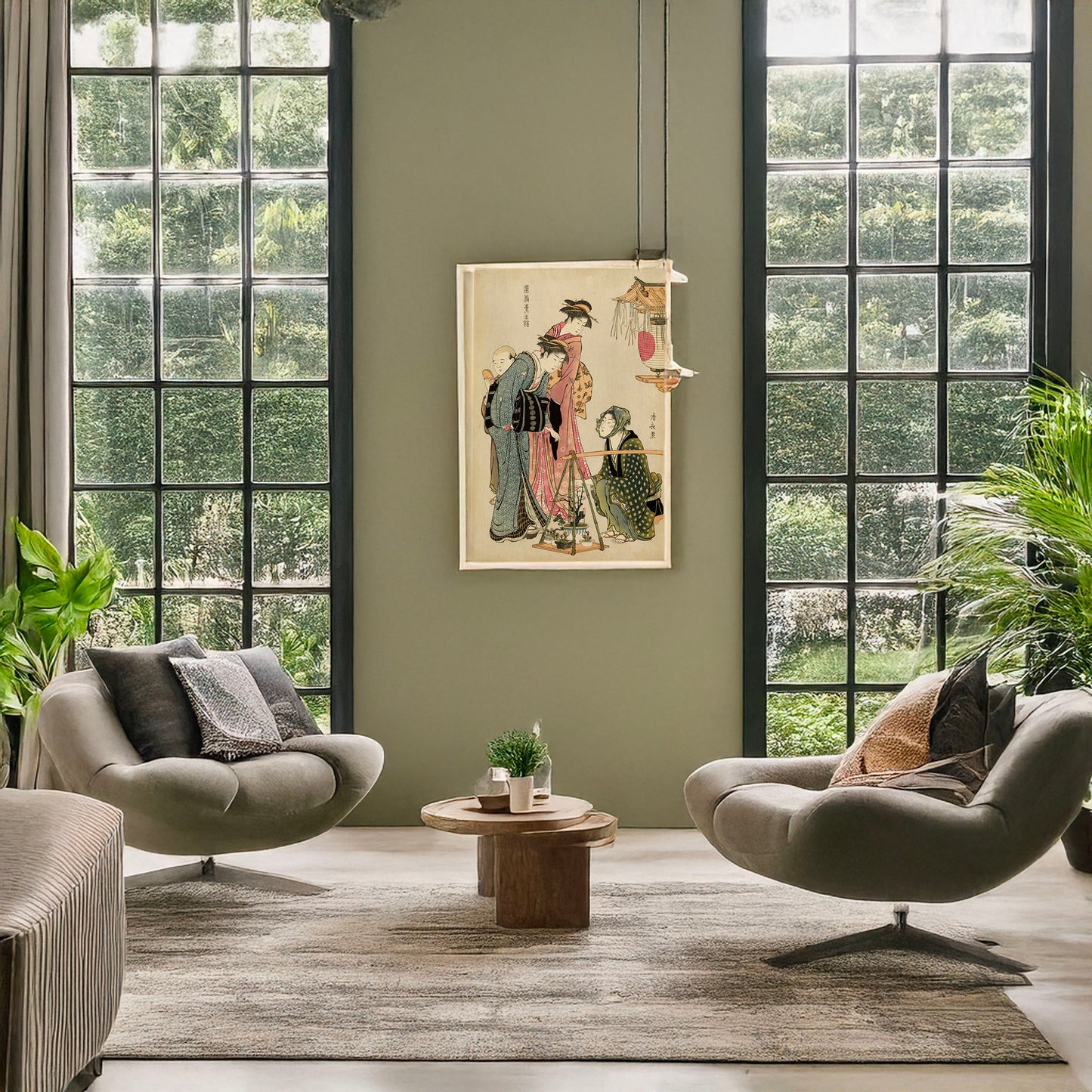 A picture of Ueki fukujusō uri, a mockup of the print leaning against a wall