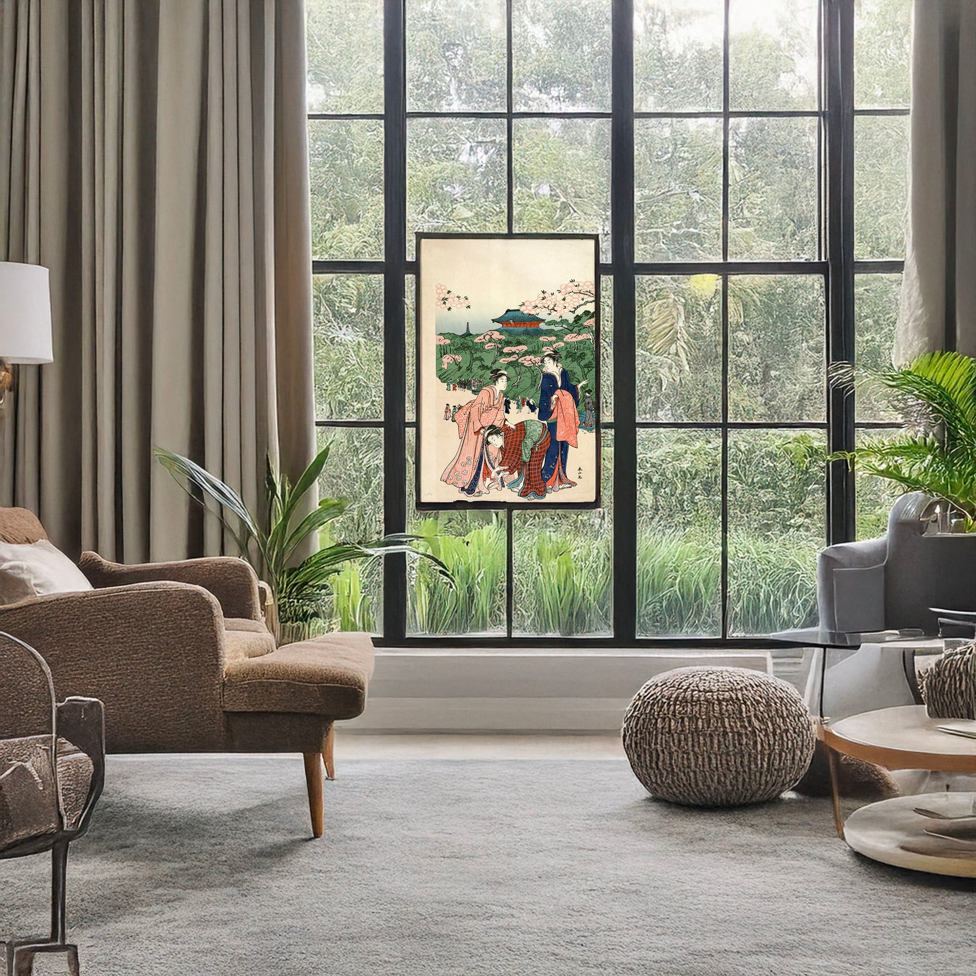 A picture of ueno no hanami, a mockup of the print leaning against a wall