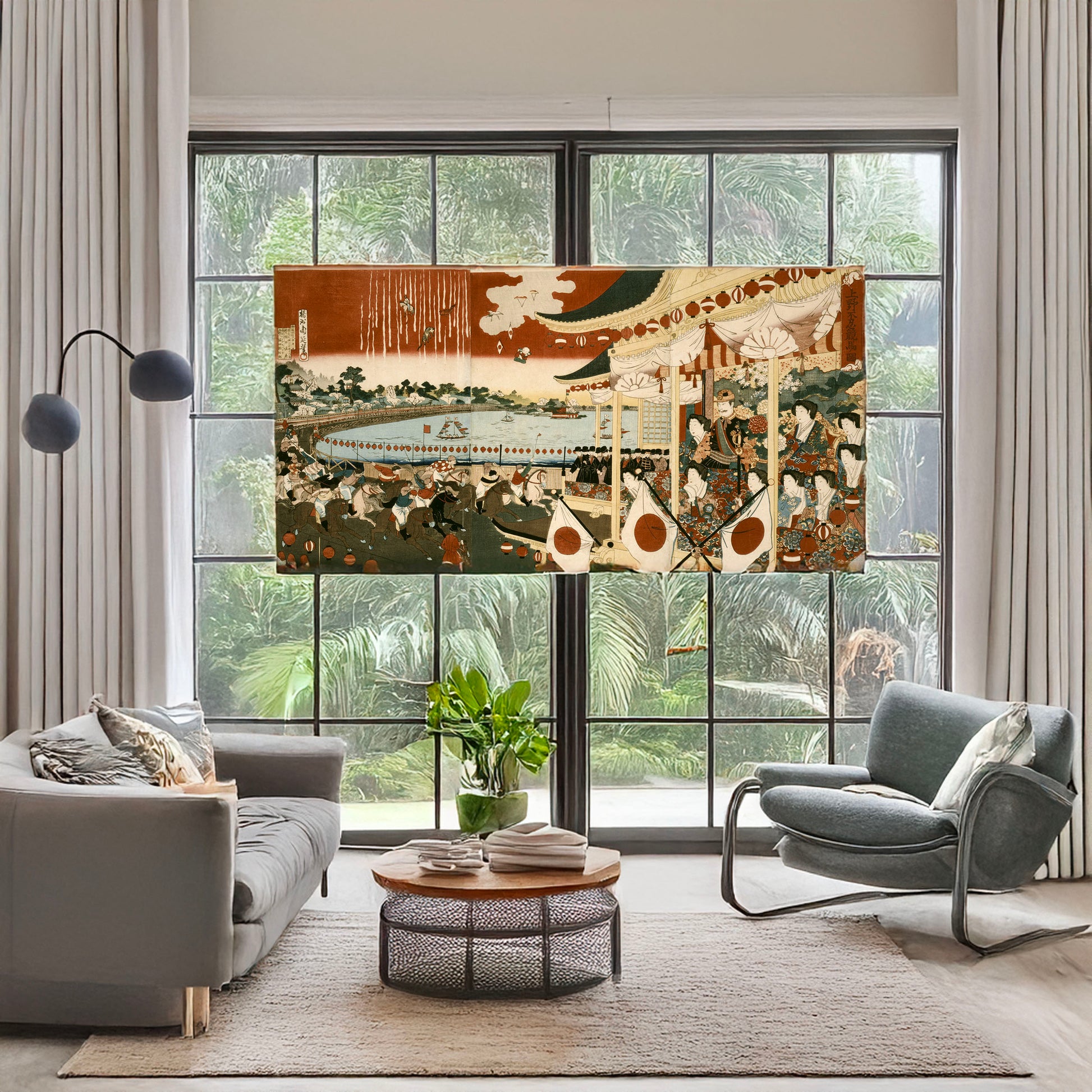 A picture of Ueno shinobazu keiba no zu, a mockup of the print leaning against a wall