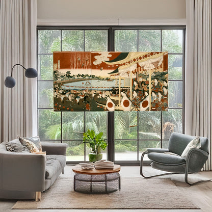 A picture of Ueno shinobazu keiba no zu, a mockup of the print leaning against a wall