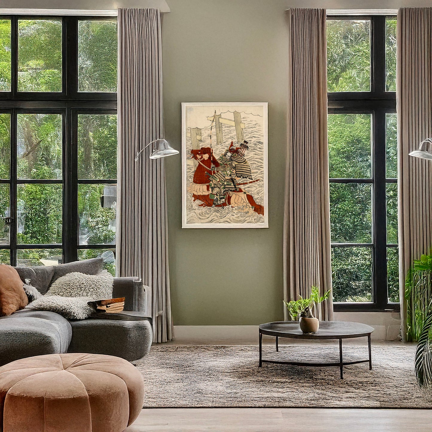 A picture of Ujigawa no senjin arasoi sasaki takatsuna, a mockup of the print leaning against a wall