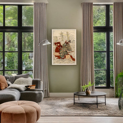 A picture of Ujigawa no senjin arasoi sasaki takatsuna, a mockup of the print leaning against a wall
