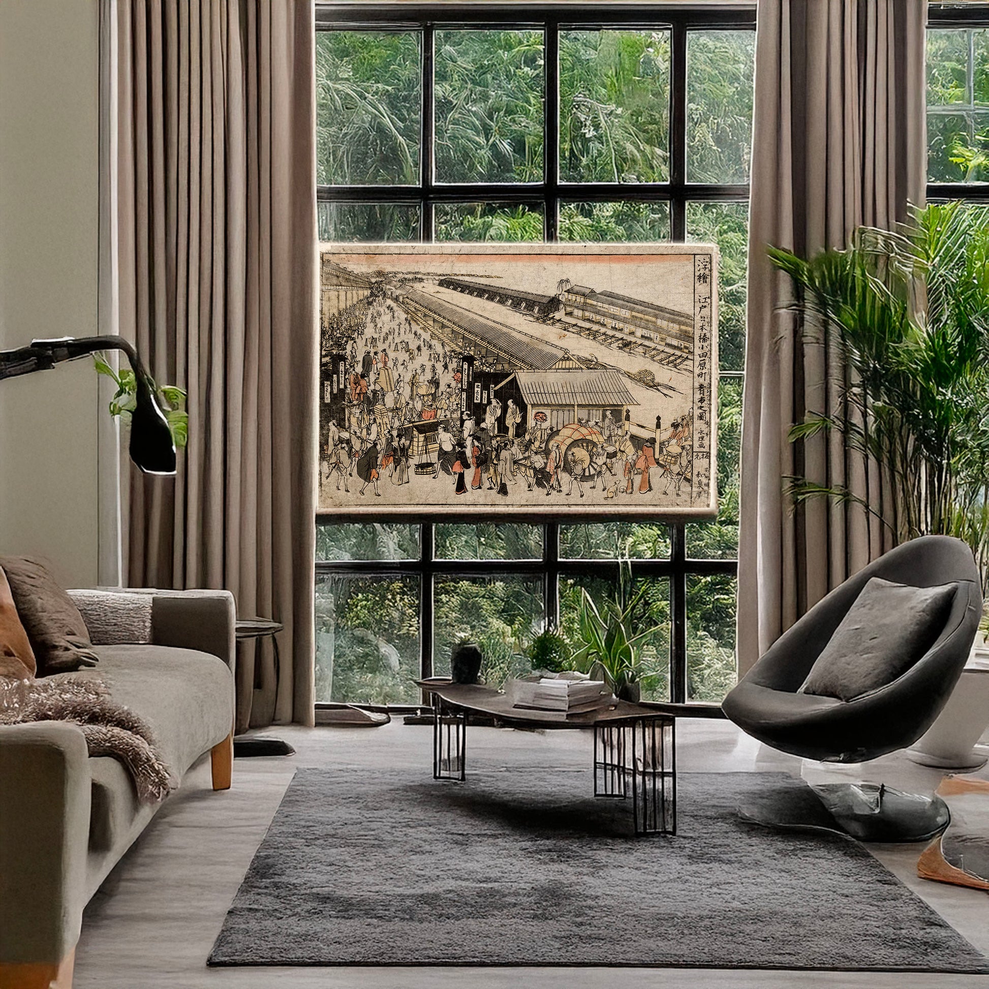 A picture of Ukie Edo nihonbashi odawarachō sakana ichi no su, a mockup of the print leaning against a wall