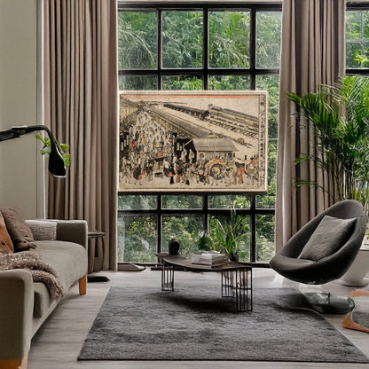 A picture of Ukie Edo nihonbashi odawarachō sakana ichi no su, a mockup of the print leaning against a wall