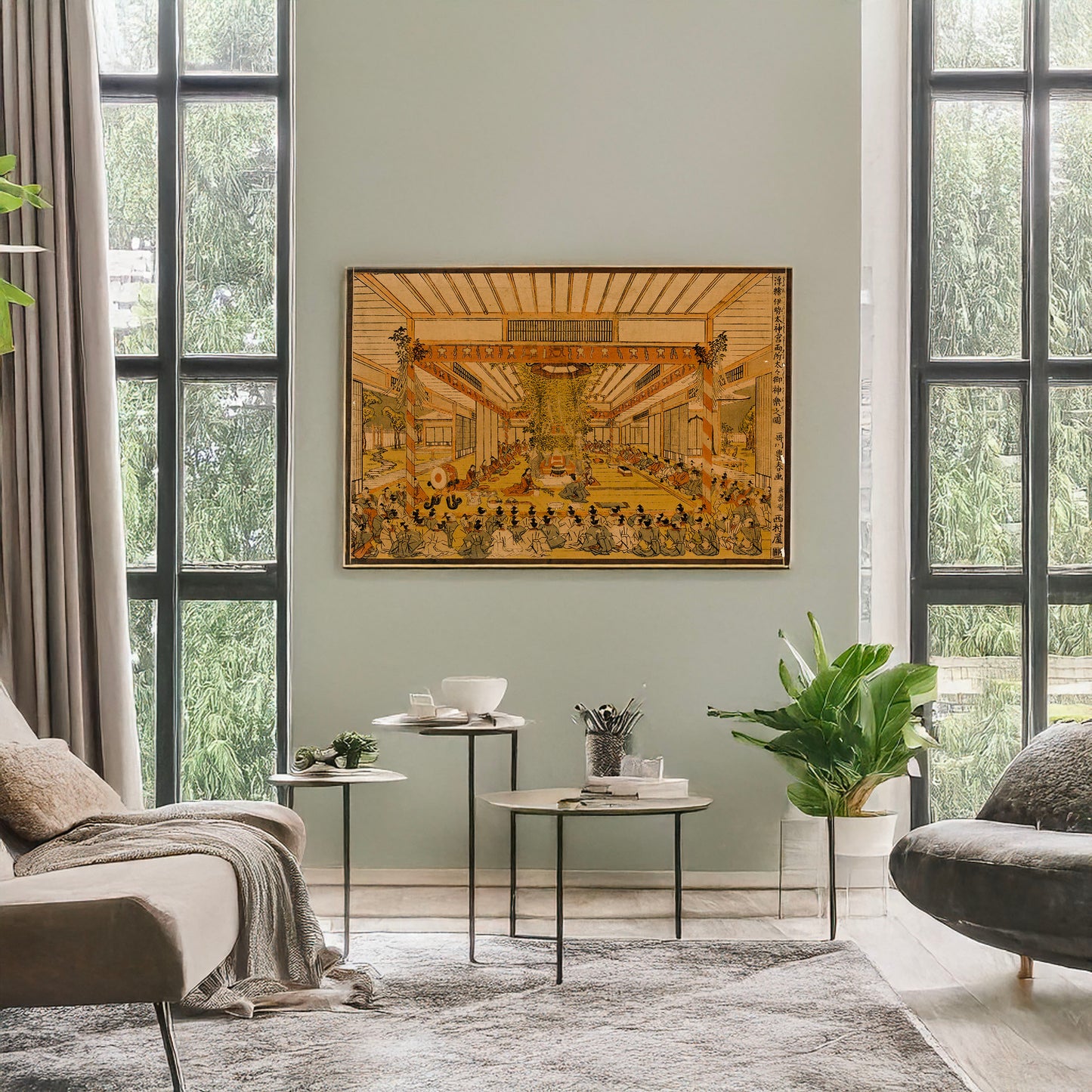 A picture of Ukie isedaijingū ryōsho daidaimikagura no zu, a mockup of the print leaning against a wall
