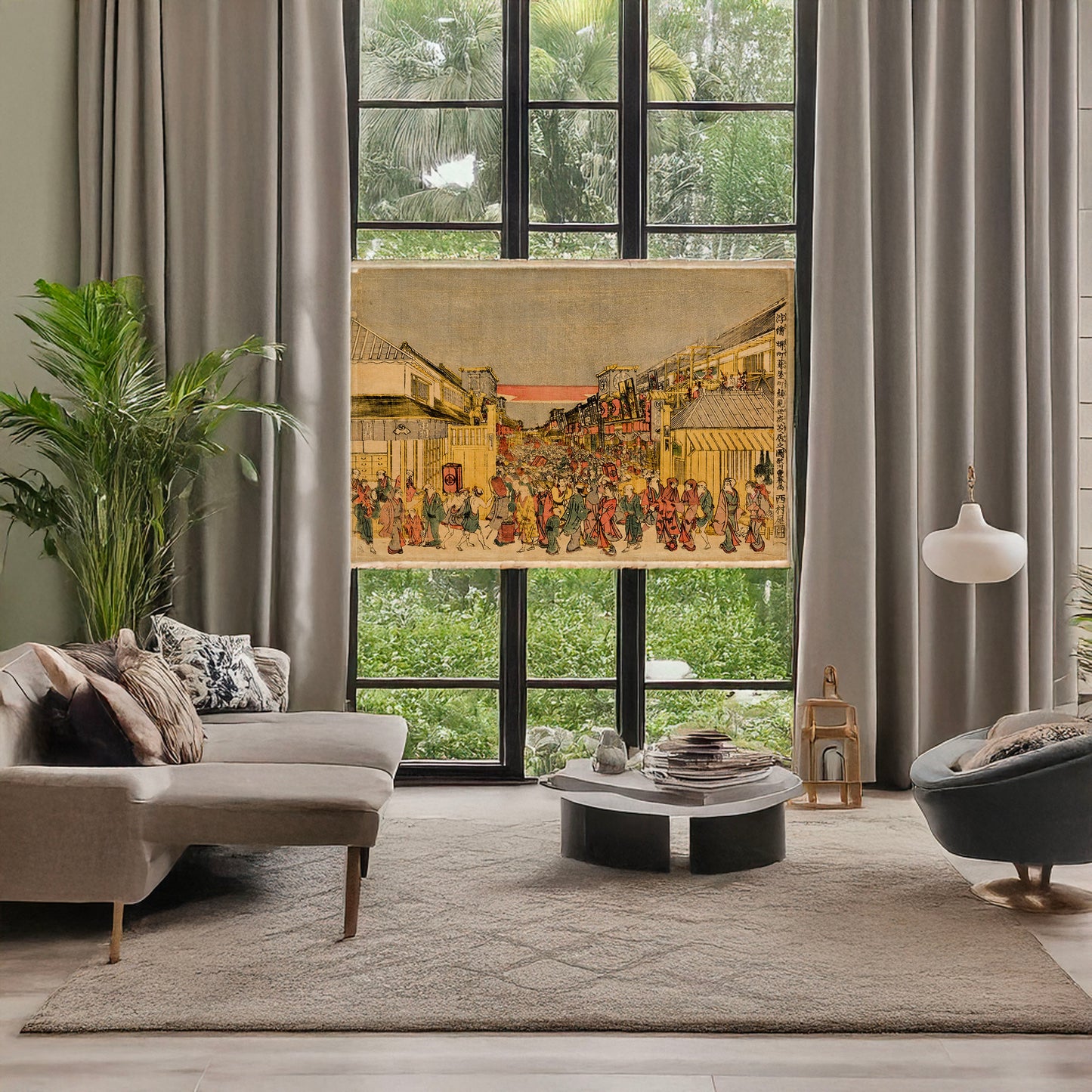 A picture of Ukie sakaicho fukiyacho kaomise yoshibai no zu, a mockup of the print leaning against a wall