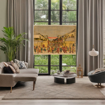 A picture of Ukie sakaicho fukiyacho kaomise yoshibai no zu, a mockup of the print leaning against a wall