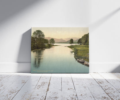 A picture of Ullswater and River Eamont from Pooley Bridge, Lake District, England, a mockup of the print leaning against a wall