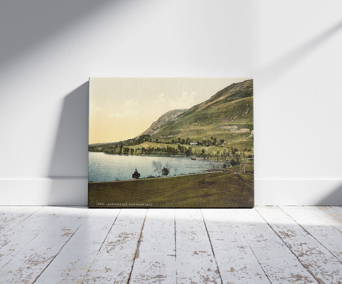 A picture of Ullswater, Howtown bay, Lake District, England, a mockup of the print leaning against a wall