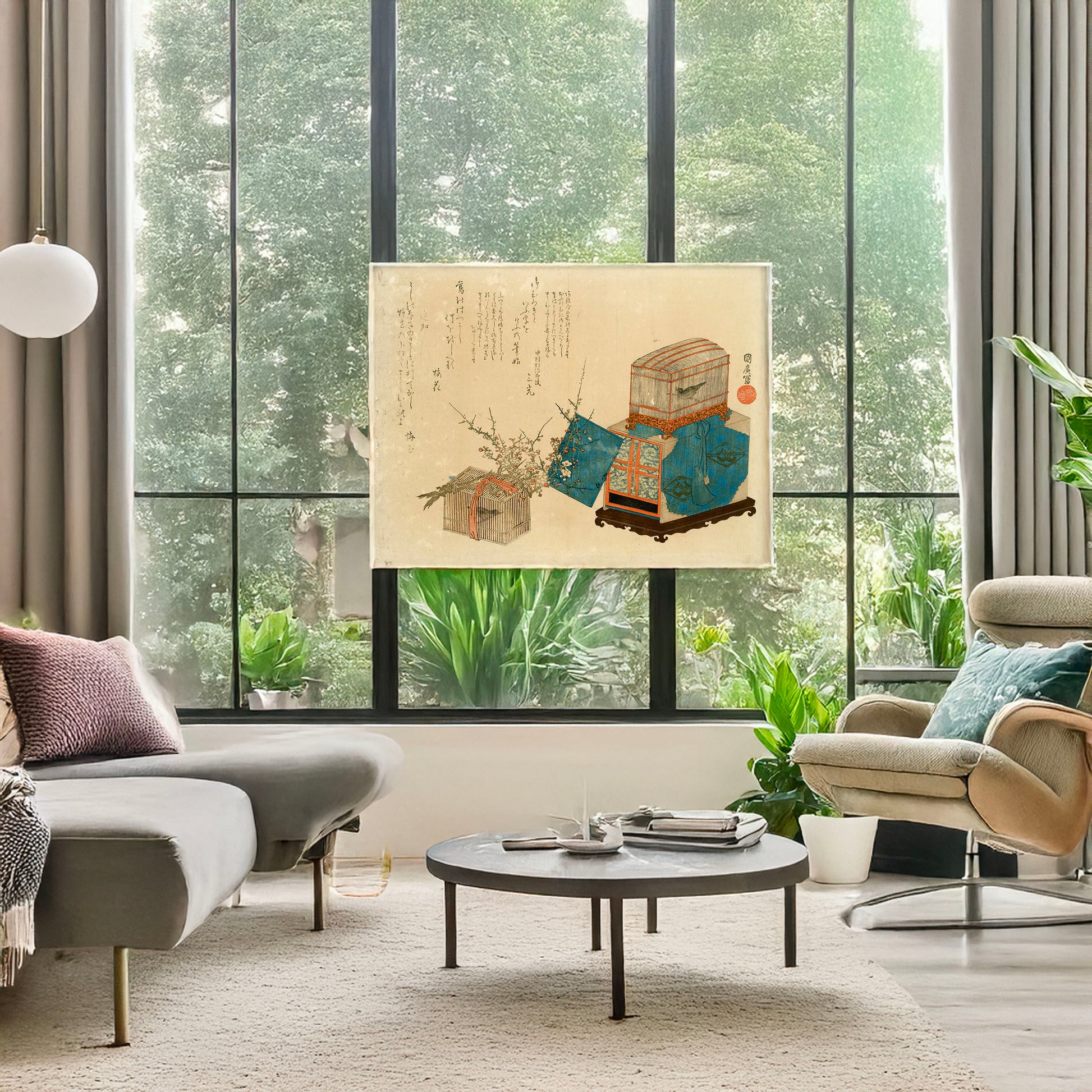 A picture of Ume ni kago no uguisu, a mockup of the print leaning against a wall
