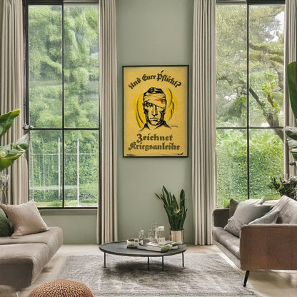 A picture of Und eure Pflicht? Zeichnet Kriegsanleihe, a mockup of the print leaning against a wall