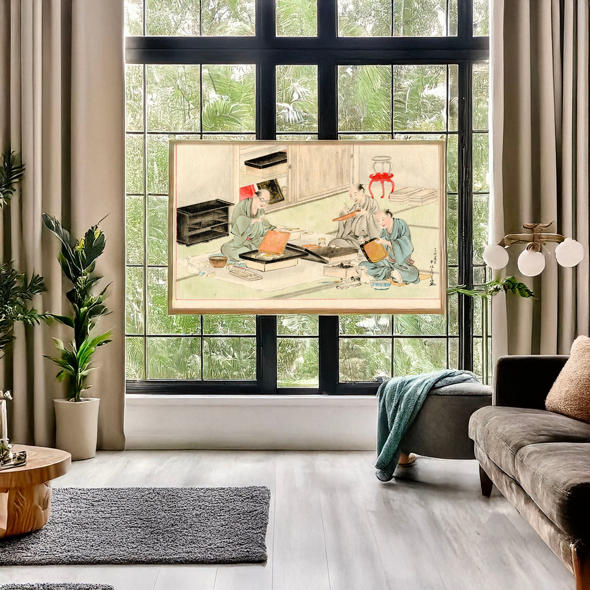 A picture of Unushi, a mockup of the print leaning against a wall