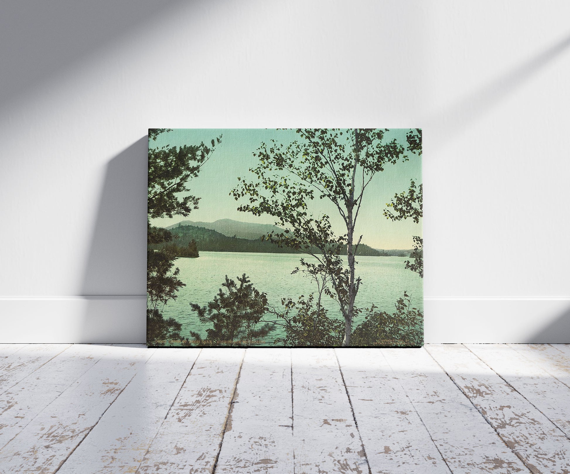 A picture of Upper St. Regis Lake, Adirondack Mountains, a mockup of the print leaning against a wall