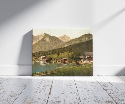 A picture of Urfeld on Walchensee with Herzogstand, Upper Bavaria, Germany, a mockup of the print leaning against a wall
