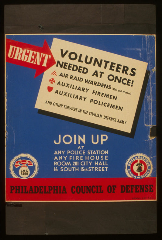 A picture of Urgent - volunteers needed at once! Join up at any police station, any firehouse, or Room 201 City Hall, 16 South 15th Street.