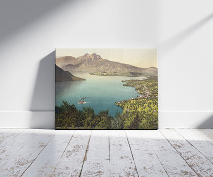 A picture of Urnersee and Pilatus, Lake Lucerne, Switzerland, a mockup of the print leaning against a wall