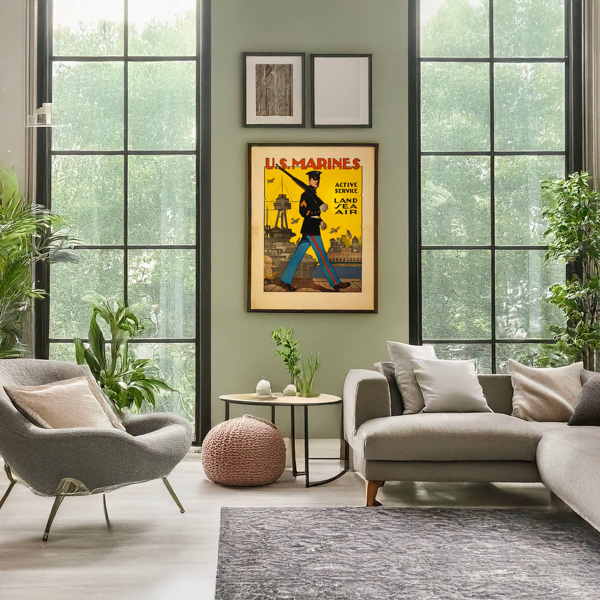 A picture of U.S. Marines - active service - land, sea, air, a mockup of the print leaning against a wall