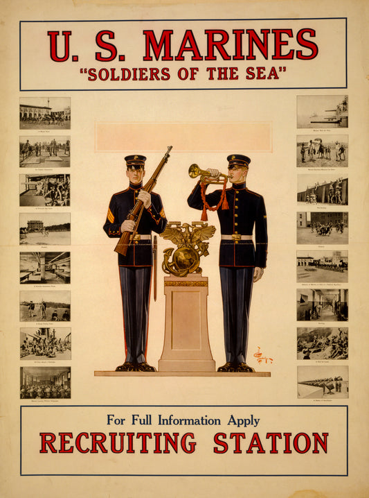 A picture of U.S. Marines "Soldiers of the sea" - For full information apply recruiting station