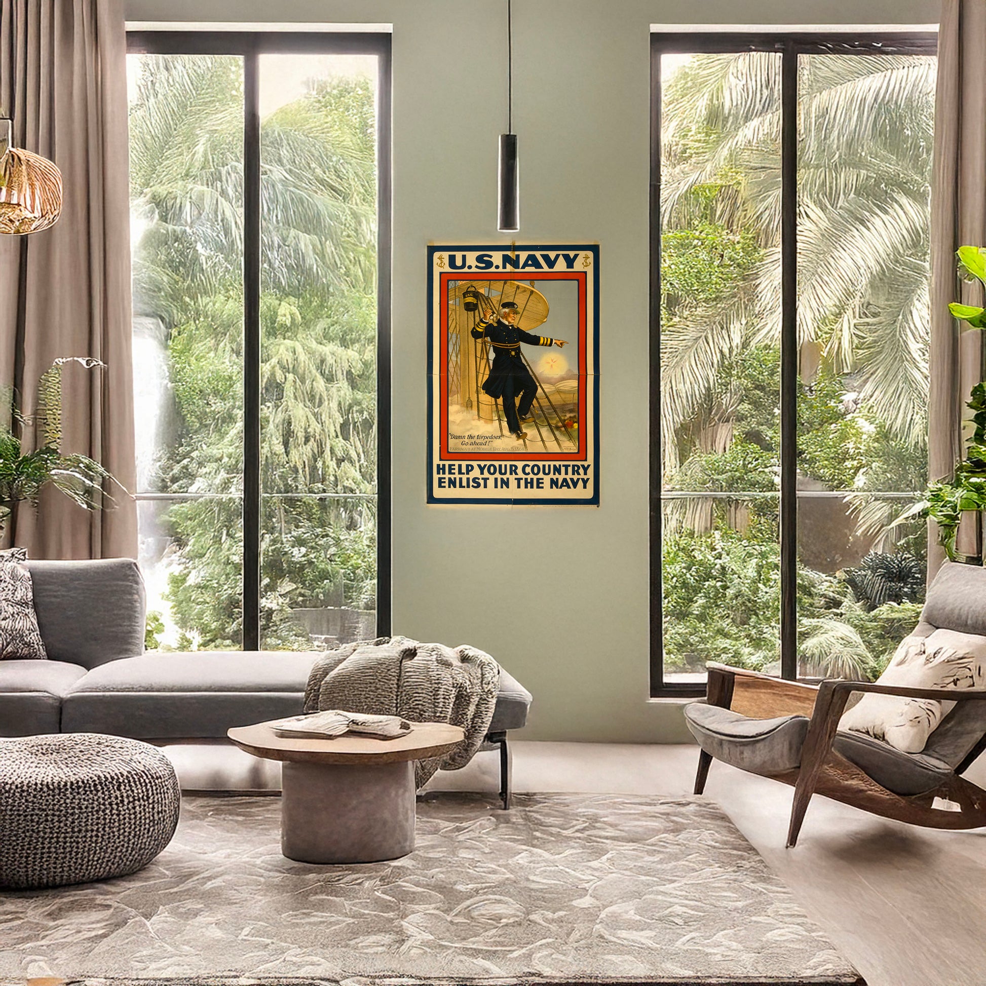 A picture of U.S. Navy--Help your country--Enlist in the Navy, a mockup of the print leaning against a wall