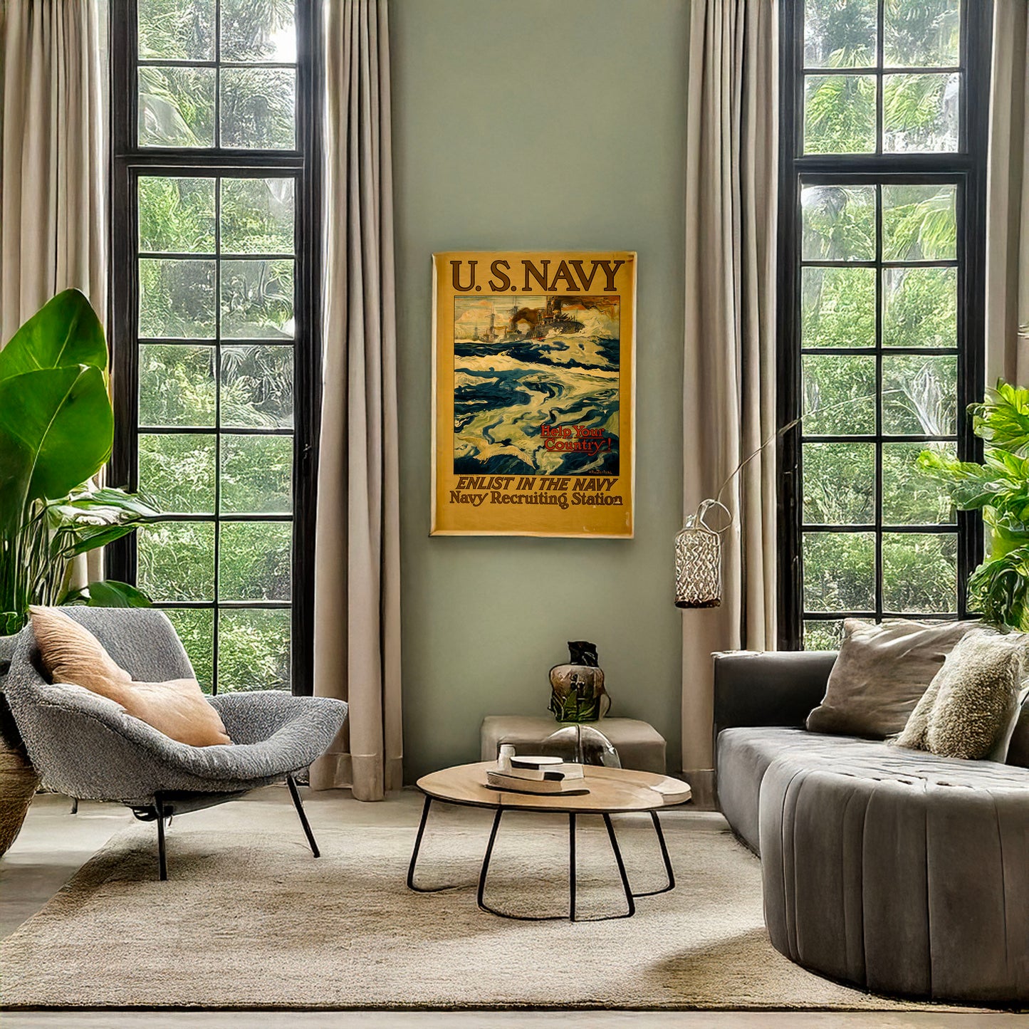 A picture of U.S. Navy - Help your country! Enlist in the Navy, a mockup of the print leaning against a wall