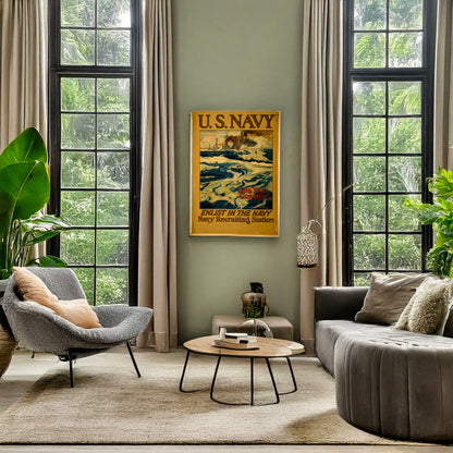 A picture of U.S. Navy - Help your country! Enlist in the Navy, a mockup of the print leaning against a wall