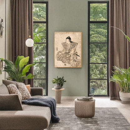 A picture of Utai, a mockup of the print leaning against a wall