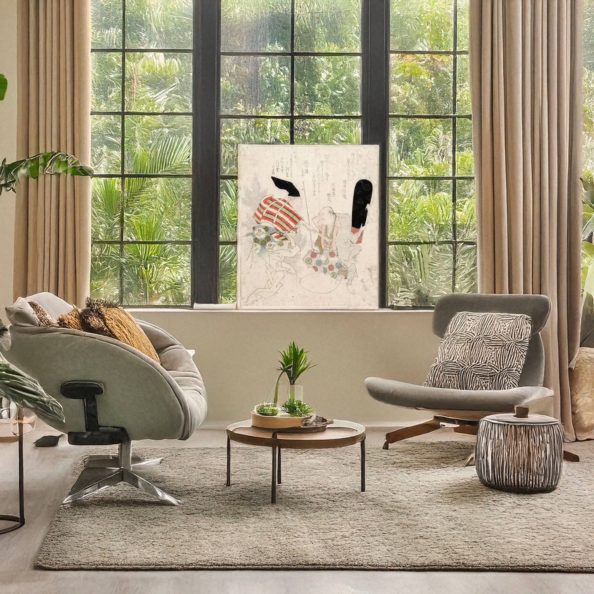 A picture of Utsubo zaru, a mockup of the print leaning against a wall