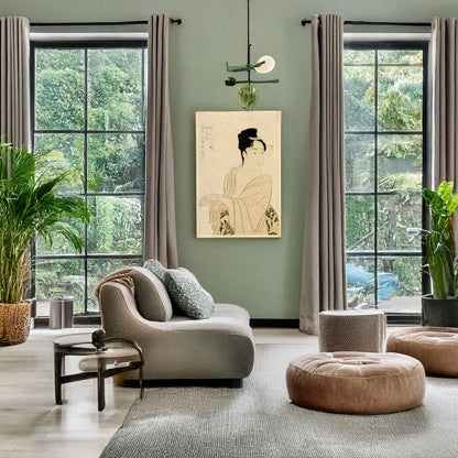 A picture of Uwaki no sō, a mockup of the print leaning against a wall