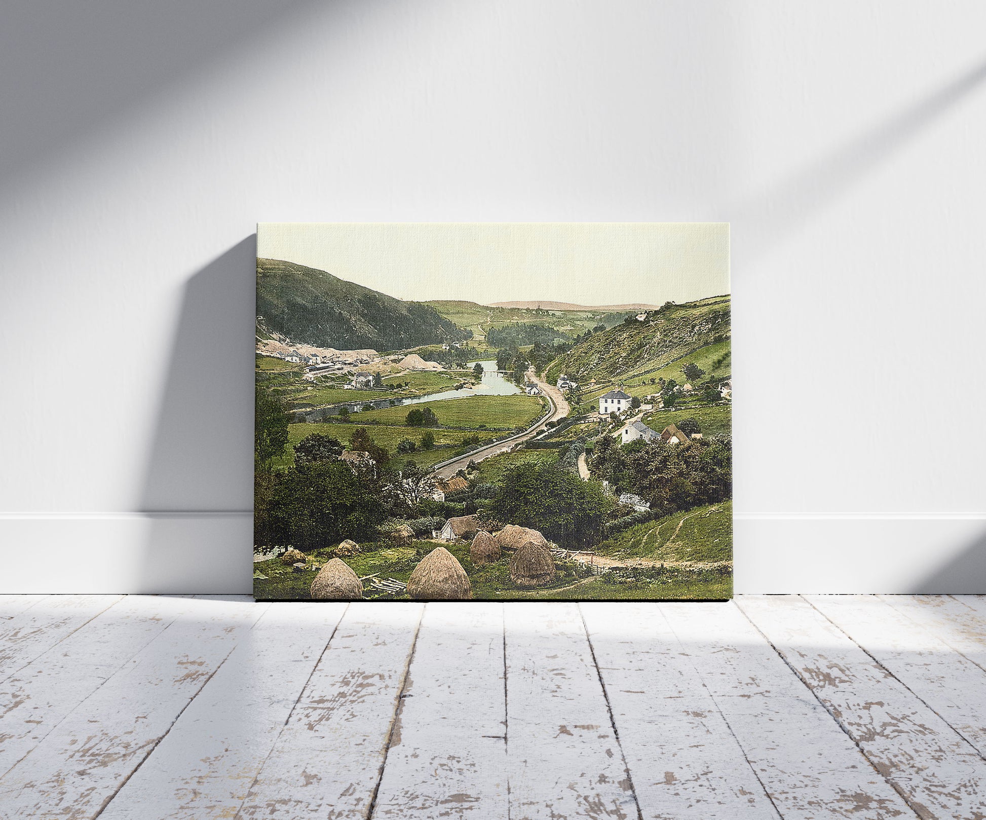 A picture of Vale of Avoca. County Wicklow, Ireland, a mockup of the print leaning against a wall