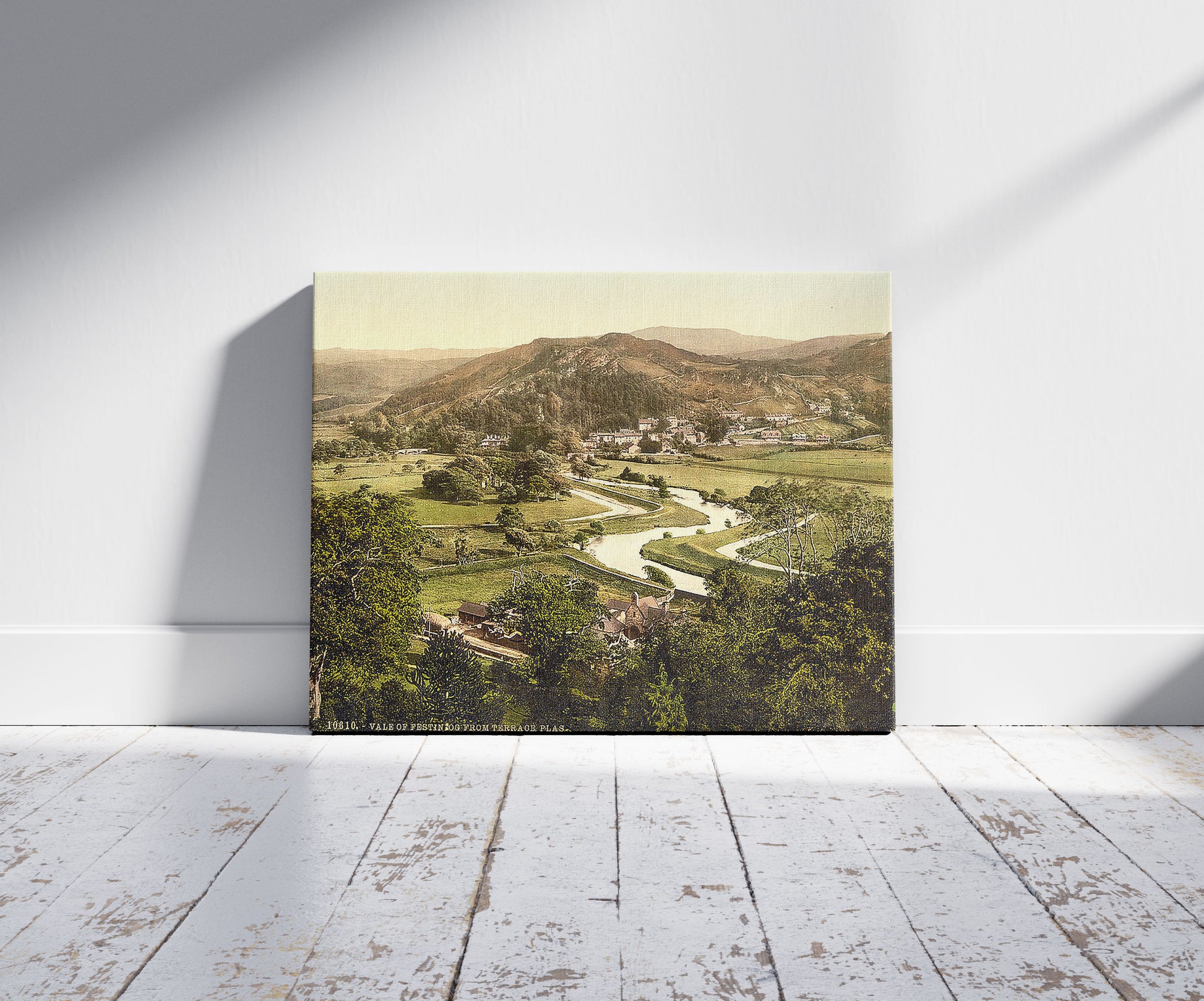 A picture of Vale of Festiniog from Terrace Plas, Festiniog i.e. Ffestiniog, Wales, a mockup of the print leaning against a wall