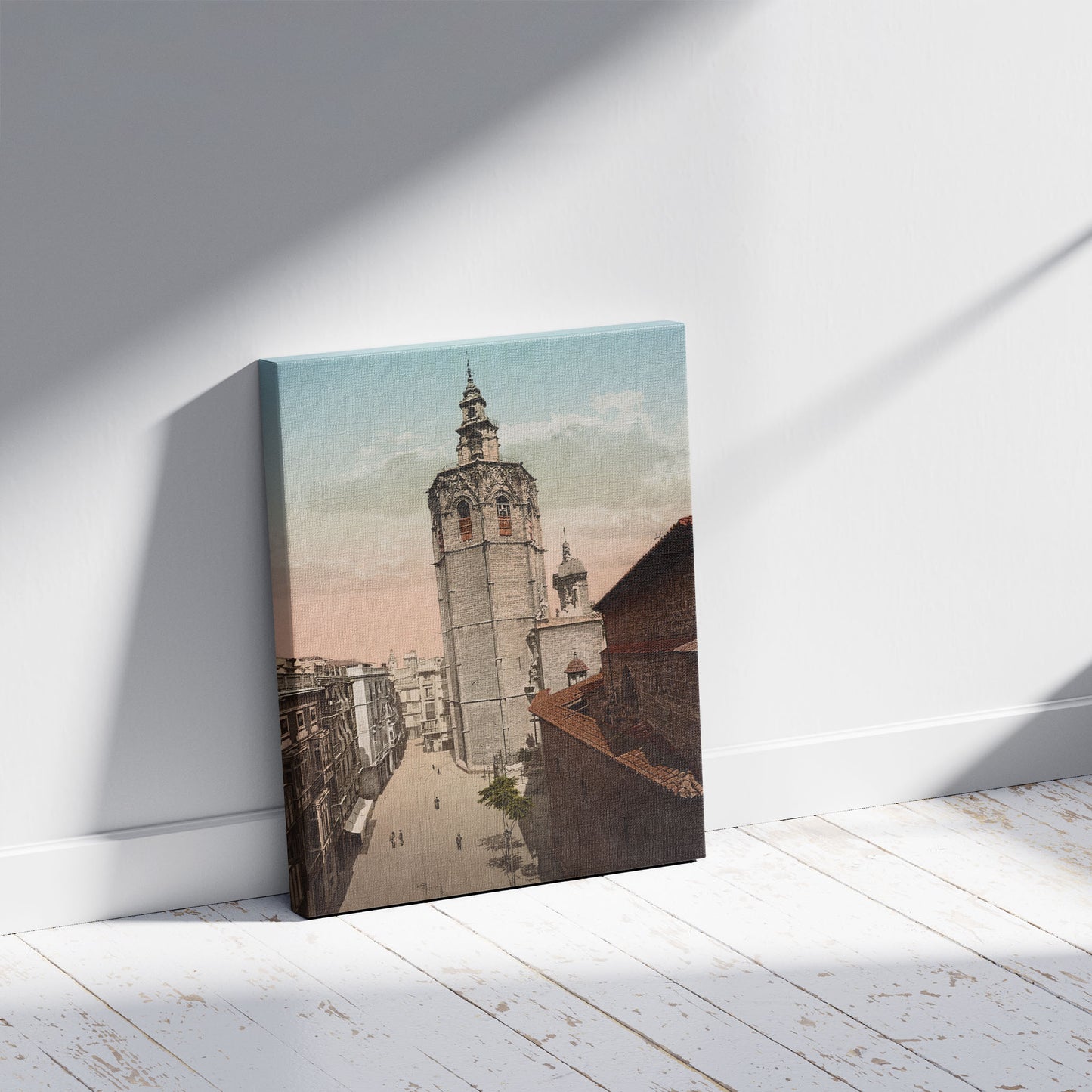 A picture of Valencia. El Miguelete, a mockup of the print leaning against a wall
