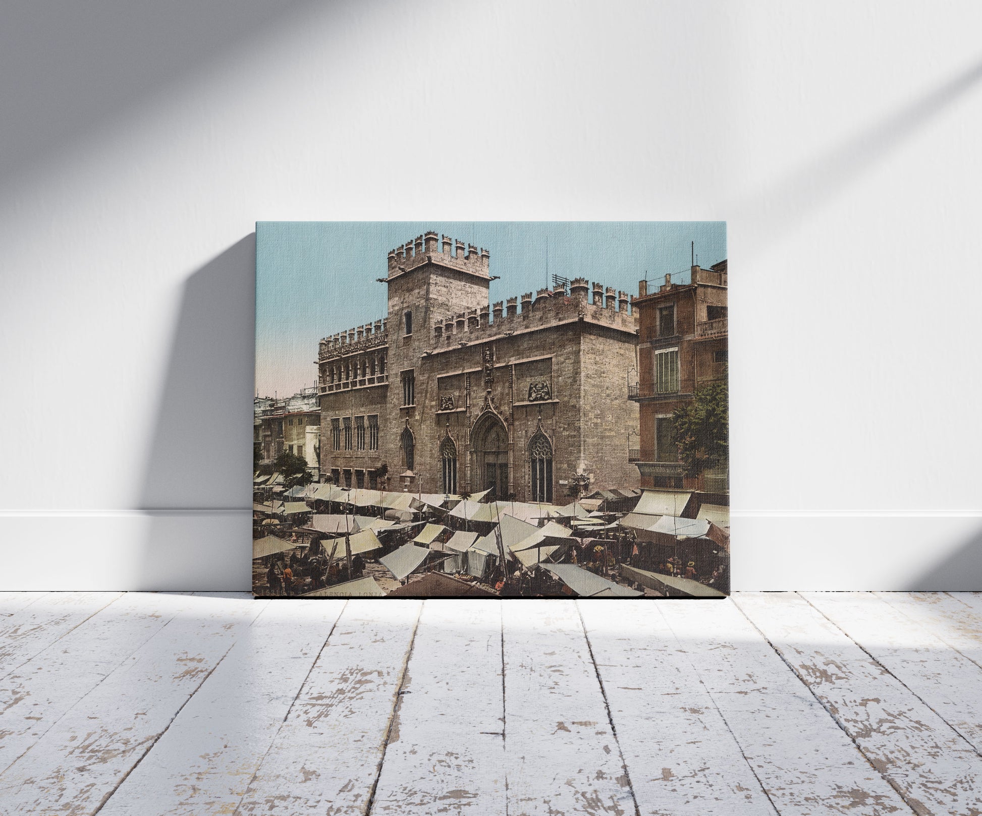 A picture of Valencia. Lonja de la Seda, a mockup of the print leaning against a wall