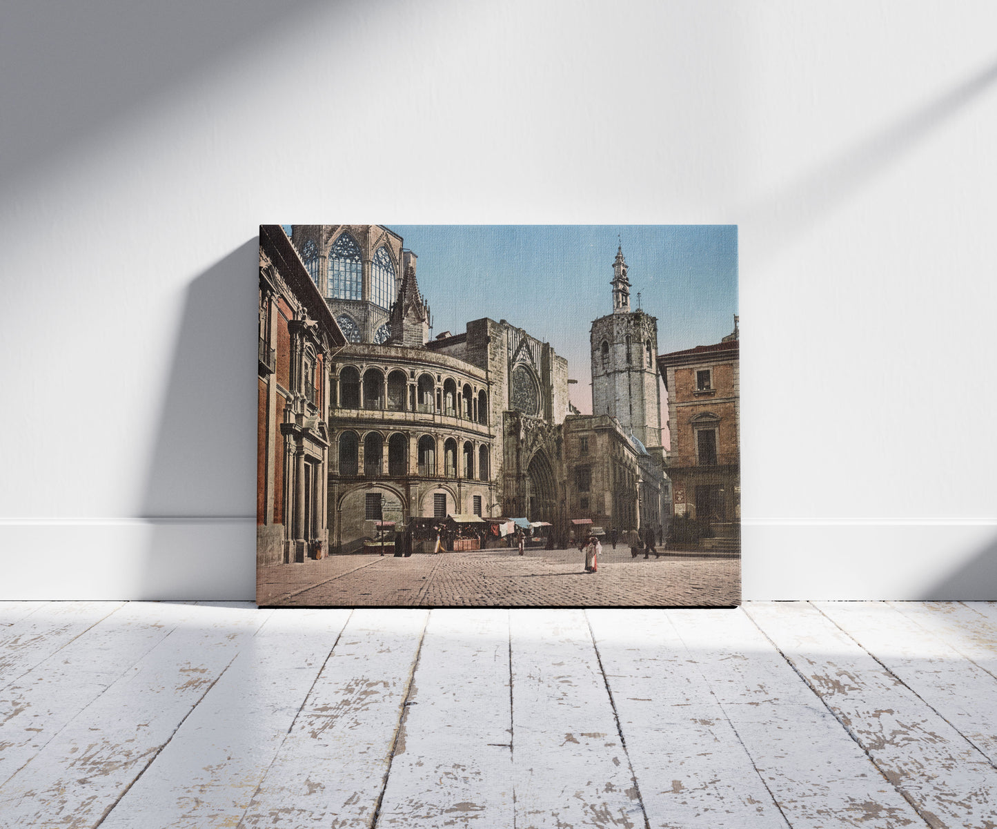 A picture of Valencia. Plaza de la Seo, a mockup of the print leaning against a wall