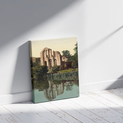 A picture of Valle Crucis Abbey, Llangollen, Wales, a mockup of the print leaning against a wall