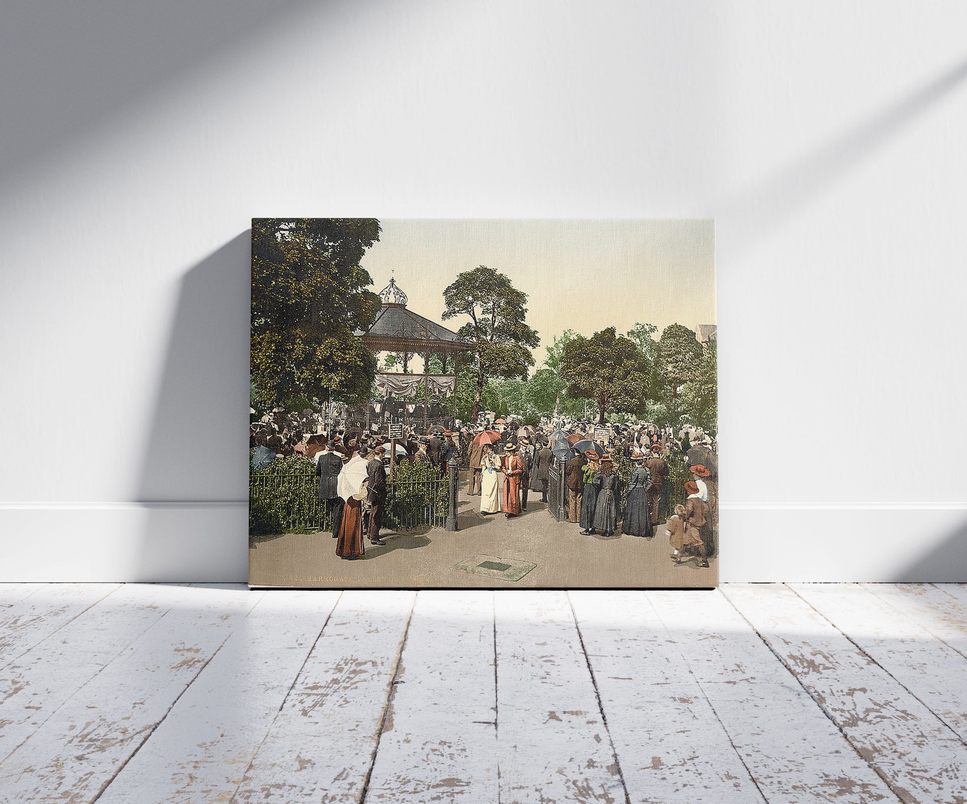 A picture of Valley Gardens, II., Harrogate, England, a mockup of the print leaning against a wall