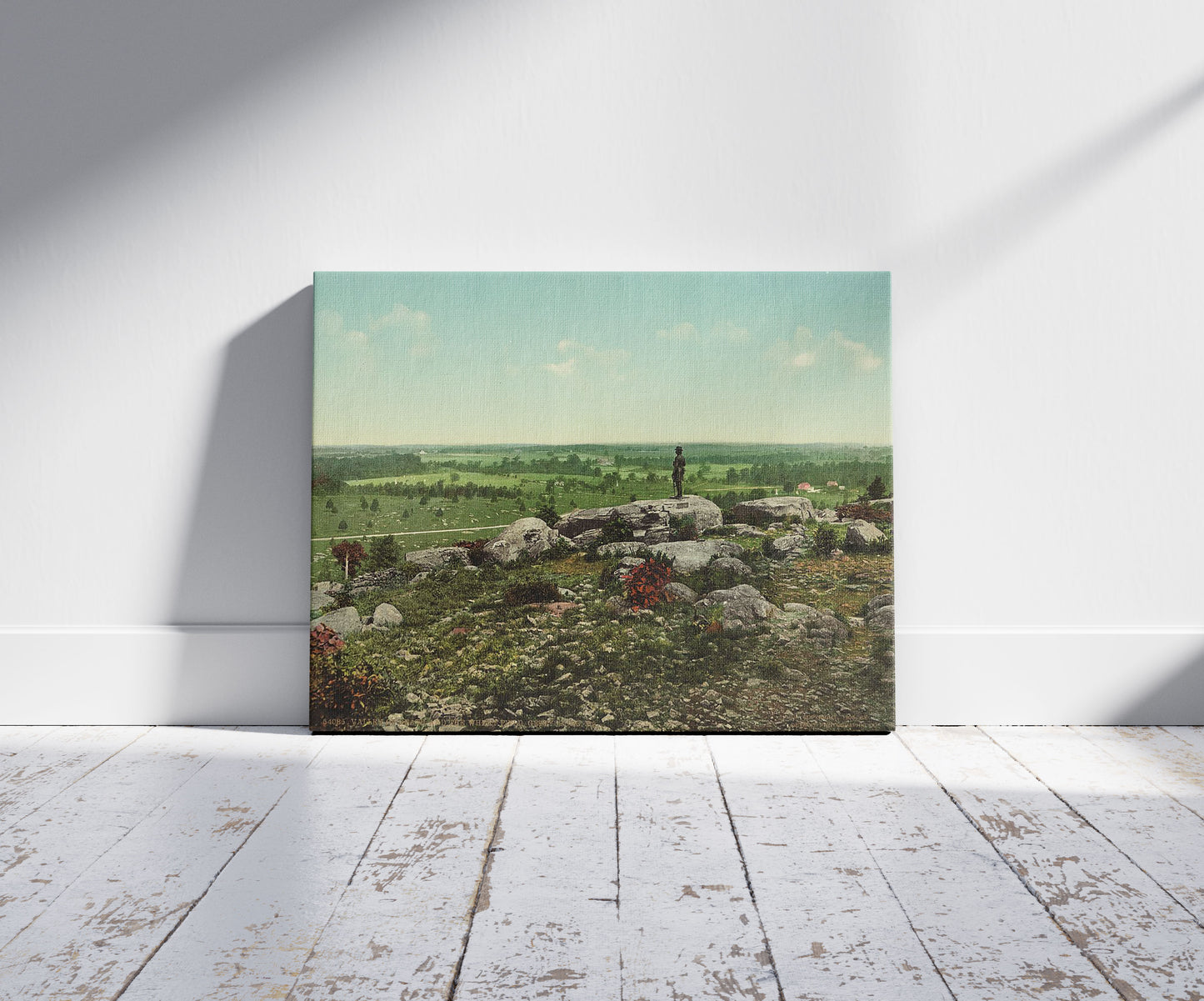 A picture of Valley of Death and the wheat field, Gettysburg, PA, a mockup of the print leaning against a wall