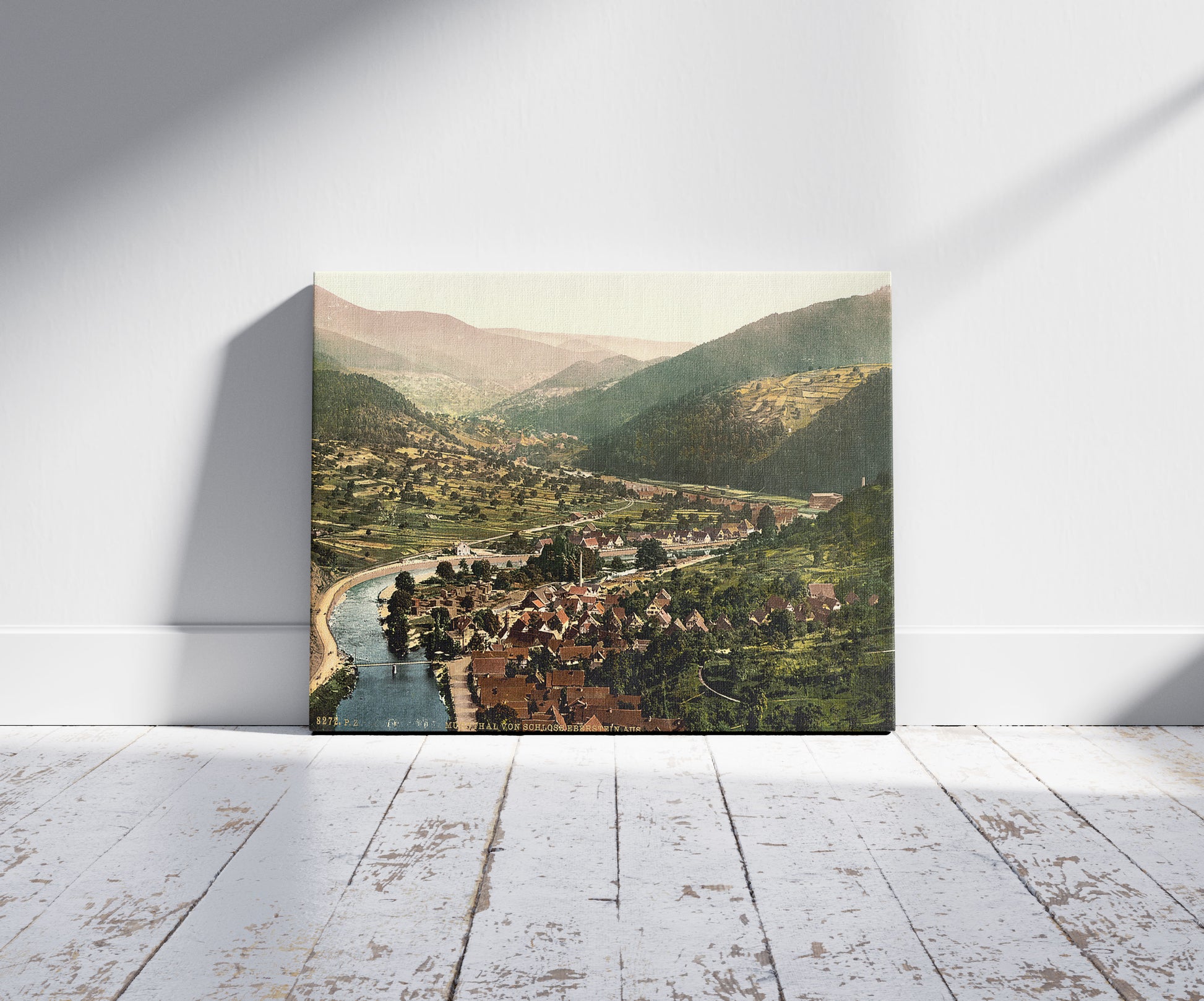 A picture of Valley of Murg from Eberstein, Baden-Baden, Baden, Germany, a mockup of the print leaning against a wall