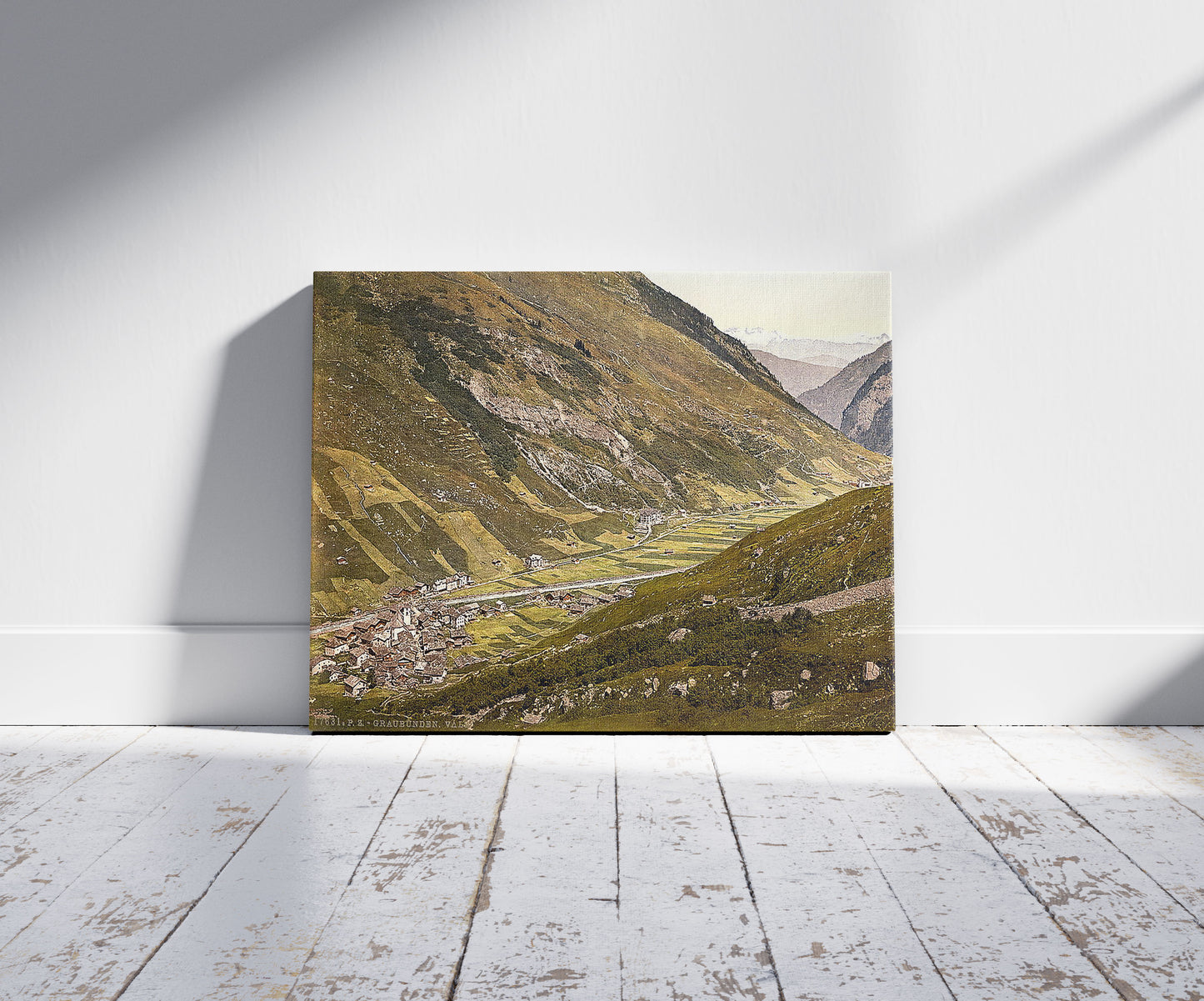 A picture of Vals, Grisons, Switzerland, a mockup of the print leaning against a wall