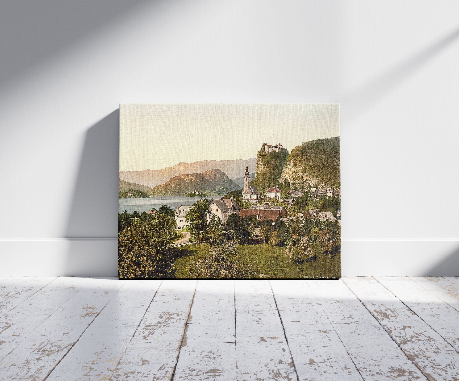 A picture of Veldes, general view, Carniola, Austro-Hungary, a mockup of the print leaning against a wall