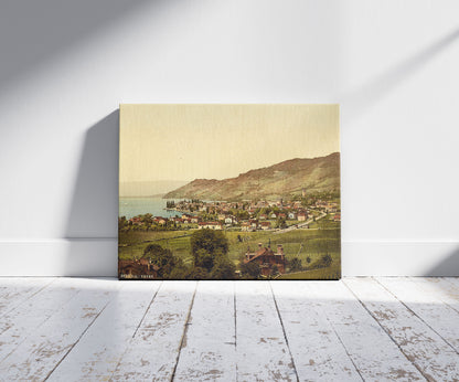 A picture of Vevey, general view, Geneva Lake, Switzerland, a mockup of the print leaning against a wall