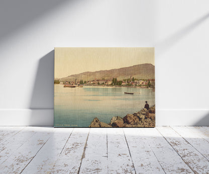 A picture of Vevey, the quay, Geneva Lake, Switzerland, a mockup of the print leaning against a wall