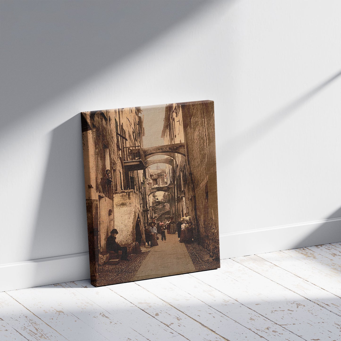 A picture of Via Guioco della Palla, San Remo, Riviera, a mockup of the print leaning against a wall