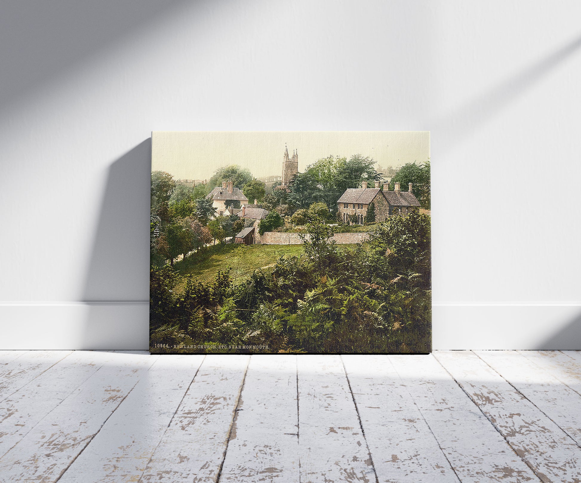 A picture of Vicinity of Newland Church, Monmouth, Wales, a mockup of the print leaning against a wall