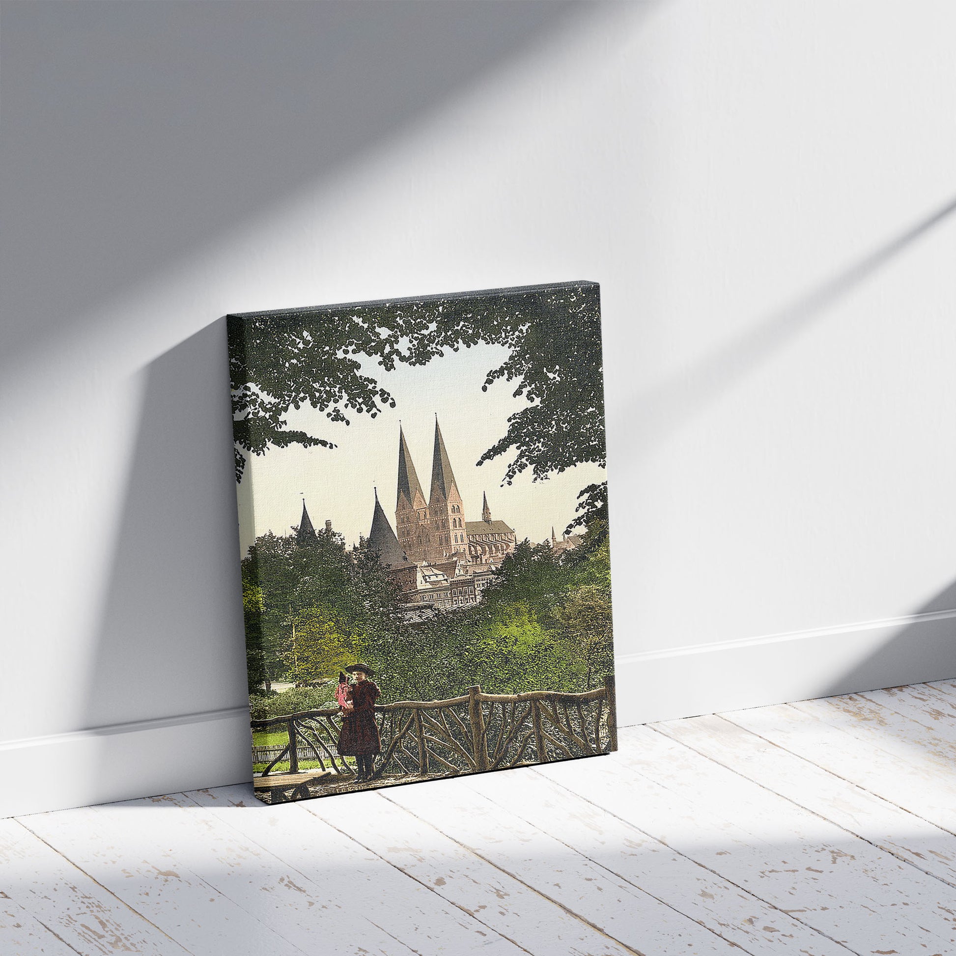 A picture of View from wall towards Mary's Church, Lubeck, Germany, a mockup of the print leaning against a wall