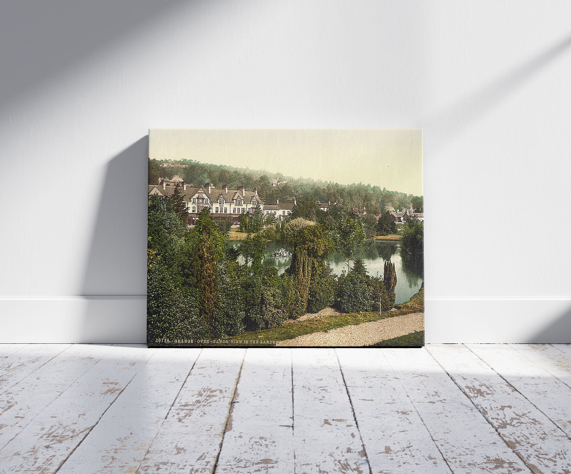 A picture of View in gardens, Grange-over-Sands, England, a mockup of the print leaning against a wall