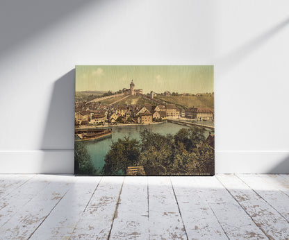 A picture of View of Schaffhausen, with the Munoth, Schaffhausen, Switzerland, a mockup of the print leaning against a wall