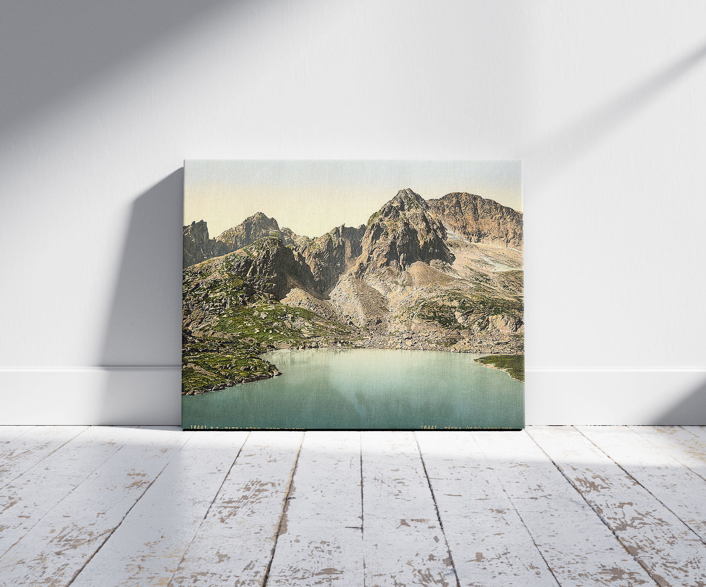 A picture of View of the Five Seas, Tatra, Austro-Hungary, a mockup of the print leaning against a wall