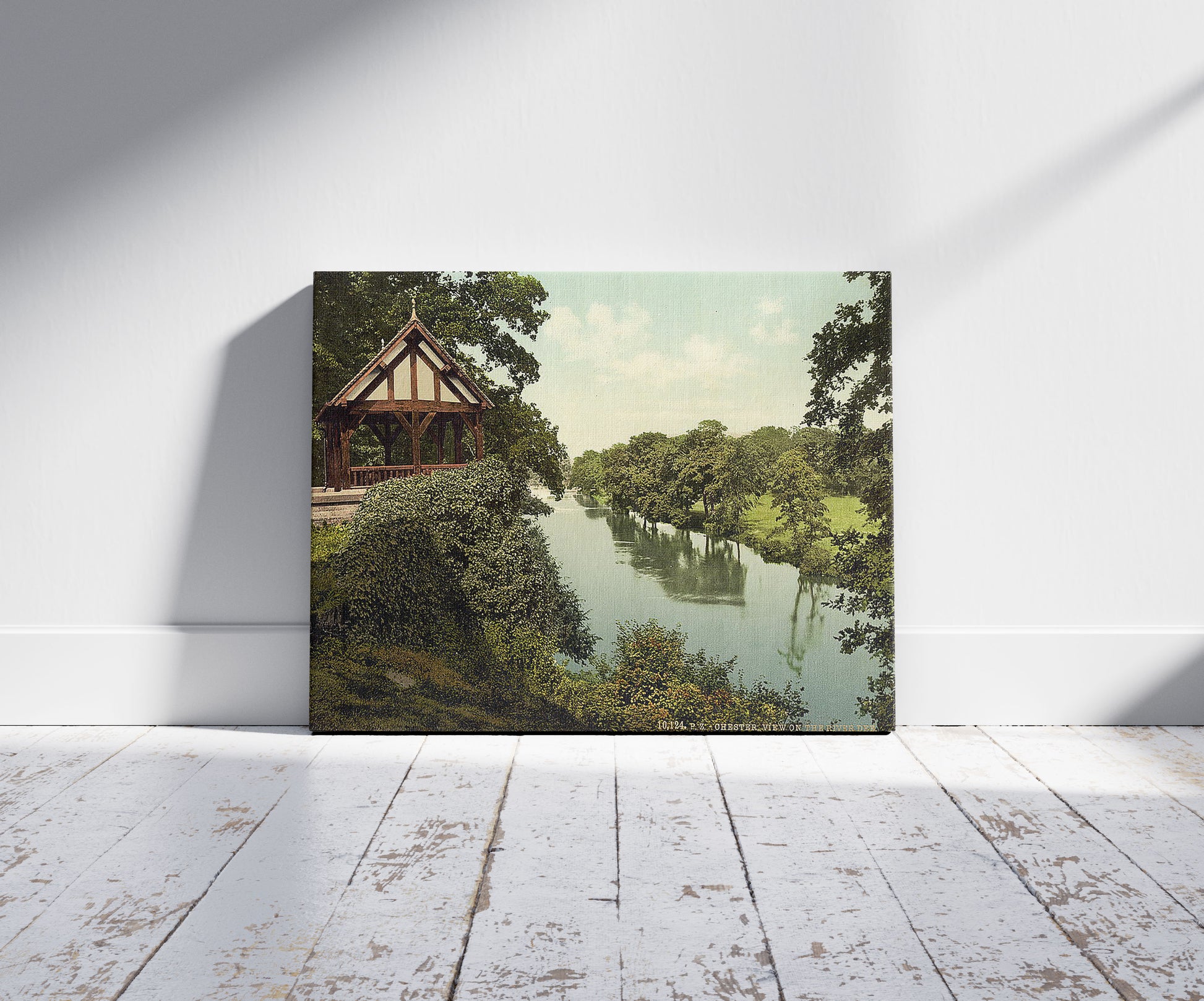 A picture of View on the Dee, Chester, England, a mockup of the print leaning against a wall